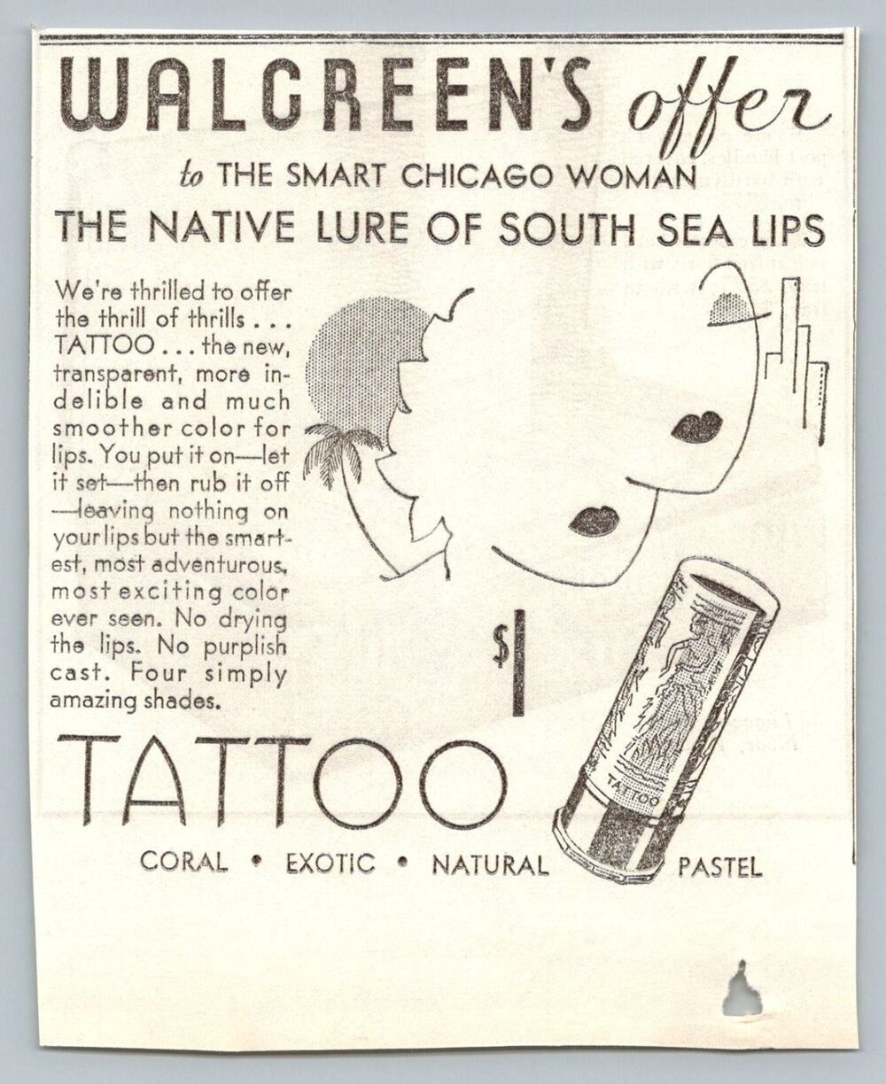 Walgreens Chicago 1933 Tattoo Lipstick Print Ad South Sea Lips Ephemera Art Deco